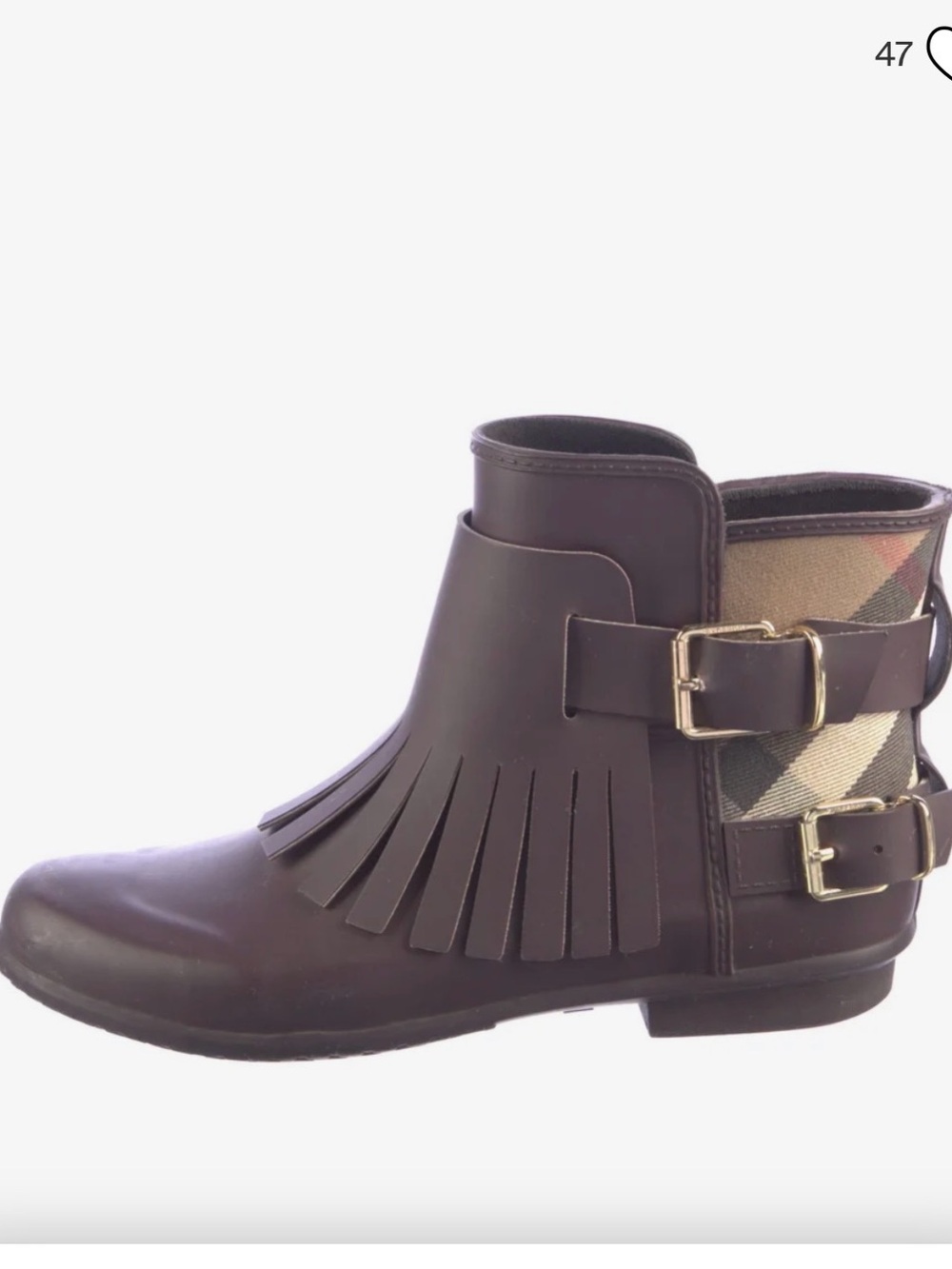 Burberry Dark Brown Leather Fringe Ankle Boot with Buckle & Check Panel